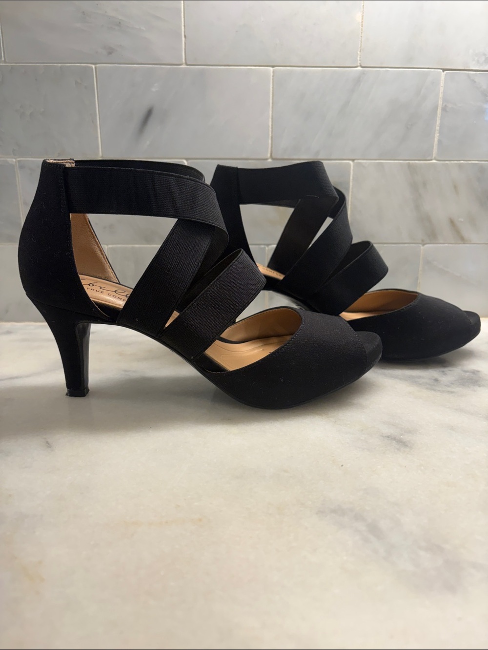 Abella Black Elastic Strappy Mid-Heel Pumps